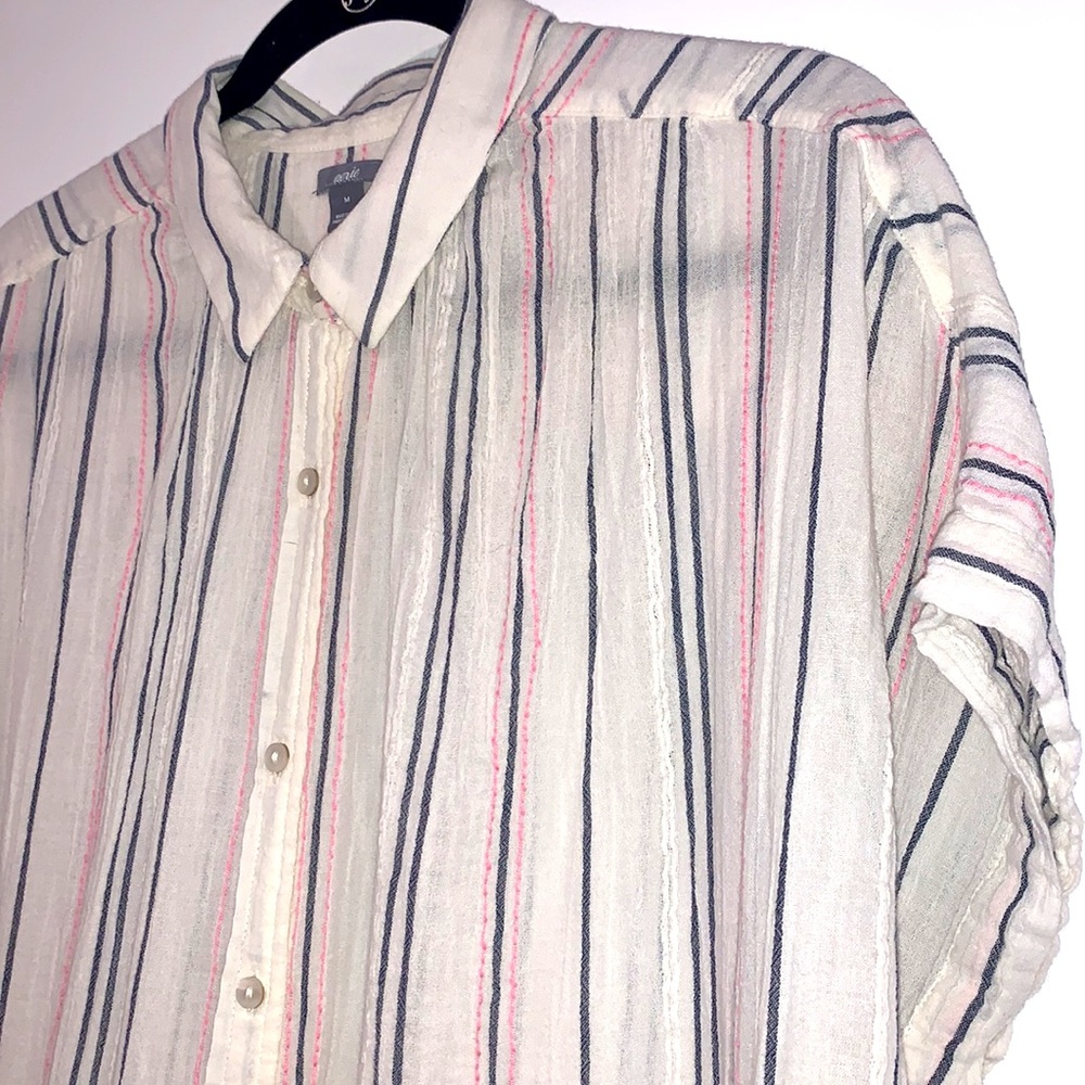 2/$14 Aerie Button Down Short Sleeve Striped Blouse Cream w/ Blue & Pink Stripe - Picture 4 of 8